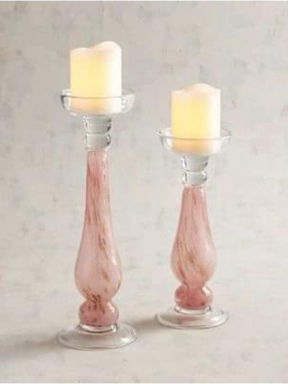 Pier 1 Blush Pink Swirled Glass Candle Holder Pair